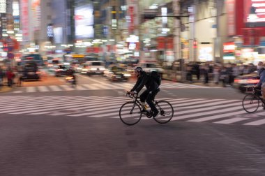 TOKYO, JAPAN - OCTOBER 30, 2019: Shibuya Crossing in Tokyo, Japan. The most famous intersection in the world. Blurry beacause of the panning.