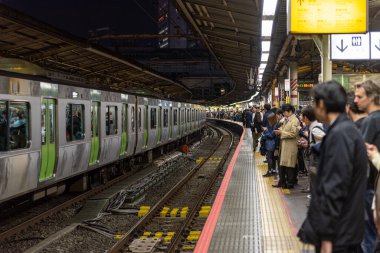 TOKYO, JAPONYAN - 30 Ekim 2019: Japonya, Tokyo 'daki Kalabalık Tren İstasyonu. İnsanlar treni bekliyor..