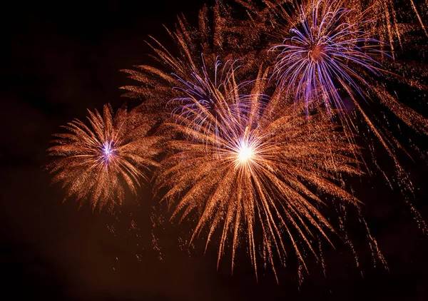Brightly Colorful Fireworks Light Sky Beautiful New Year Fireworks Dark — стоковое фото