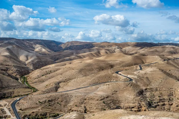 Landscape Israel Desert Blue Cloudy Sky Road Background Mountain Judaean — стоковое фото