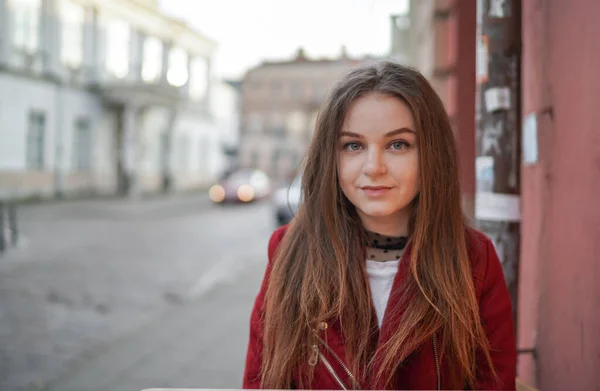Close Face Beautiful Young Girl Vilnius Old Town Lithuania Wearing — Stock Photo, Image