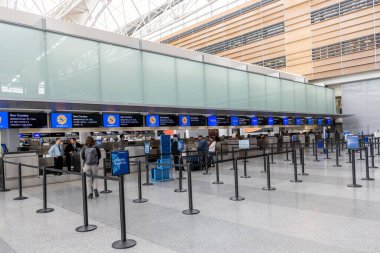 SAN FRANCISCO, CALIFORNIA - APRIL 04, 2019: San Francisco International Airport Check-in area. Sun Country Airlines desks.