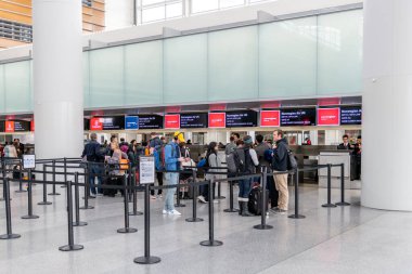 SAN FRANCISCO, CALIFORNIA - APRIL 04, 2019: San Francisco International Airport Check-in area. Norwegian Airlines desks.