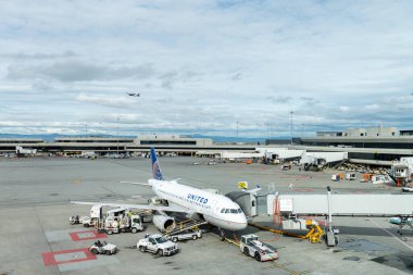 SAN FRANCISCO, CALIFORNIA - APRIL 04, 2019: San Francisco International Airport. United Airlines Boeing and Ground Service in Background