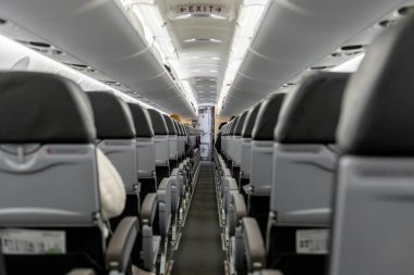 STOCKHOLM, SWEDEN - APRIL 05, 2019: International Stockholm Arlanda Airport. Interior of SAS Airlines Airplane. CityJet Bombardier CRJ-900
