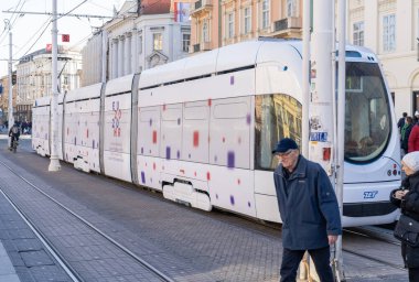 ZAGREB, CROATIA - JANUARY 04, 2020: New Modern  tram on a street of Zagreb, Croatia. Zagreb 2020 Council of the European Union