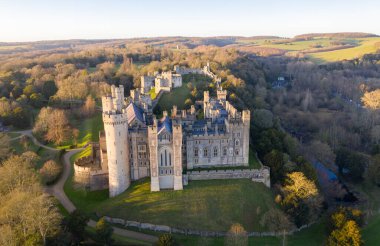 Arundel Castle, Arundel, West Sussex, England, United Kingdom. Bird Eye View. Beautiful Sunset Light