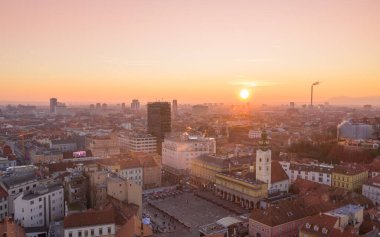 Zagreb Cityscape and Beautiful Sunset Light in Background. Croatia. Drone Photo Shoot.