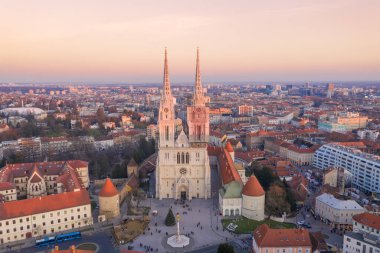 Zagreb Old Town And Cathedral in Background. Sightseeing Place in Croatia. Beautiful Sunset Light. Tourist Visiting Famous Place