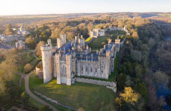 Arundel Castle, Arundel, West Sussex, England, United Kingdom. Bird Eye View. Beautiful Sunset Light