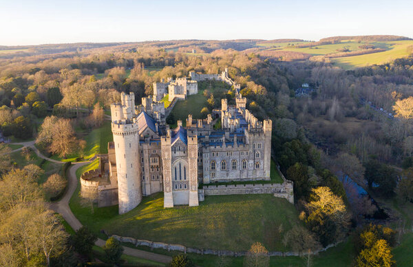 Arundel Castle, Arundel, West Sussex, England, United Kingdom. Bird Eye View. Beautiful Sunset Light
