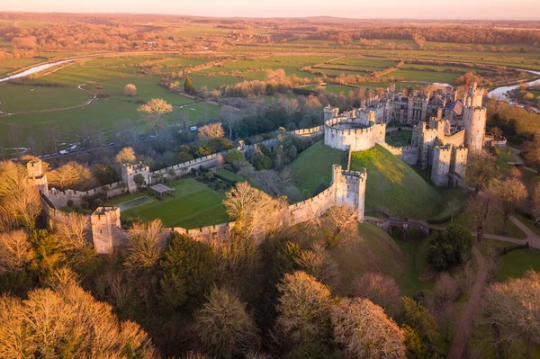 stock image Arundel Castle, Arundel, West Sussex, England, United Kingdom. Bird Eye View. Beautiful Sunset Light. Drone