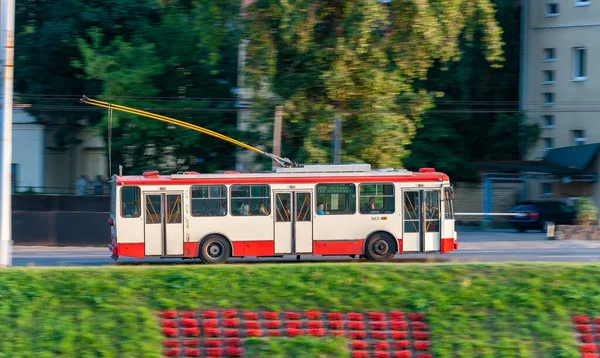 Vilnius City Public Transport Old Trolley Traffic Blurry Background Because — Photo