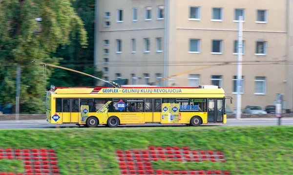 stock image Vilnius City Public Transport Old Trolley and Traffic. Blurry Background Because of Panning Effect