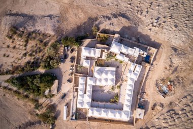 Israel. Nabi Musa site and mosque at Judean desert, Israel. Tomb of Prophet Moses. Drone Point of View.
