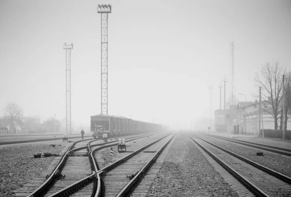 Railroad Misty Landscape Mazeikiai City Lithuania — Stockfoto