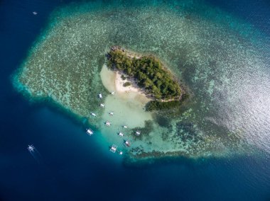 CYC beach in Coron, Palawan, Philippines. Corn Youth Club Beach. Mountain and Sea in background. Tour A. Drone