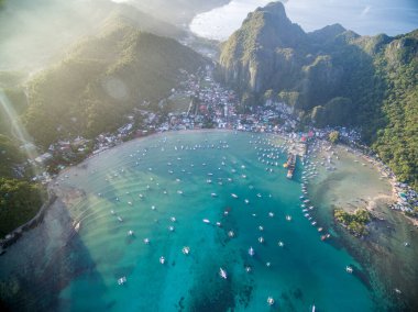 El Nido Landscape and Nature. Seascape with Boats in Background. Palawan, Philippines. Drone Point of View