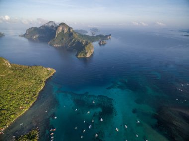 El Nido Landscape and Nature. Seascape with Boats in Background. Palawan, Philippines. Drone Point of View