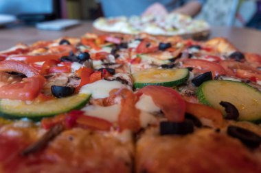 Pizza with Tomato Cheeze, Garlic, Meat. Close Up Photo