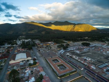 Antigua Cityscape in Guatemala. Volcano in Background.