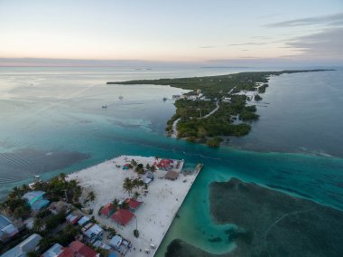 Caye Caulker Island in Belize, Caribbean Sea. Drone Point of View