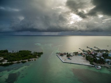 Caye Caulker Island in Belize, Caribbean Sea. Drone Point of View
