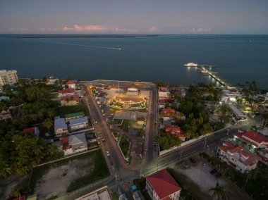 Belize. Caribbean Island. Beautiful Cityscape. Drone. Aerial View. Night