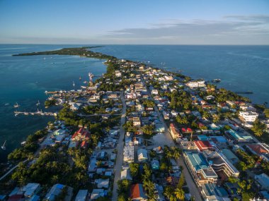 Caye Caulker Island in Belize, Caribbean Sea. Drone Point of View