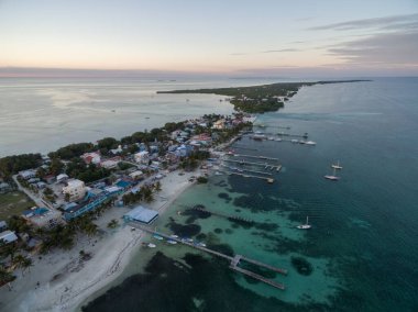 Caye Caulker Island in Belize, Caribbean Sea. Drone Point of View