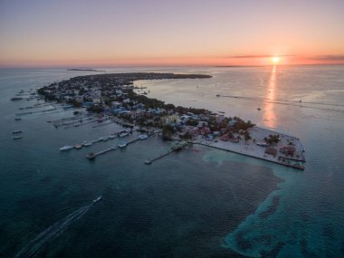 Caye Caulker Island in Belize, Caribbean Sea. Drone Point of View