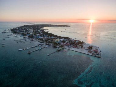 Caye Caulker Island in Belize, Caribbean Sea. Drone Point of View