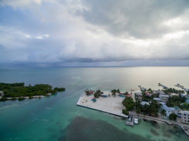 Caye Caulker Island in Belize, Caribbean Sea. Drone Point of View