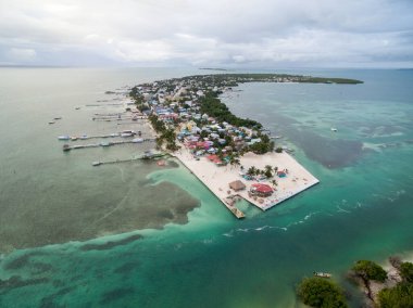 Caye Caulker Island in Belize, Caribbean Sea. Drone Point of View