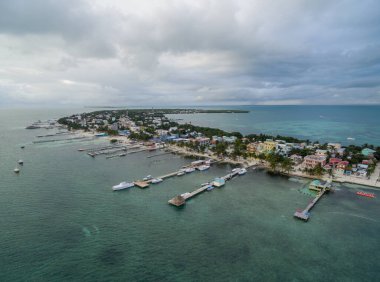Caye Caulker Island in Belize, Caribbean Sea. Drone Point of View