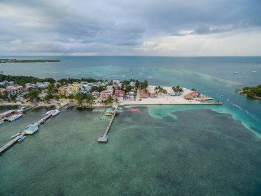 Caye Caulker Island in Belize, Caribbean Sea. Drone Point of View