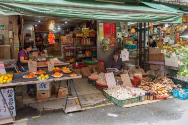 Taipei Street in one of suburb, district. Market Street in Taipei. Selling Fruits and Vegetables.