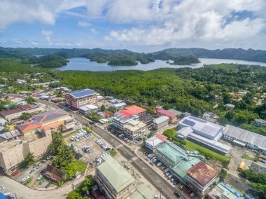 Koror Town in Palau Island. Micronesia, Cityscape in Background. Drone point of View