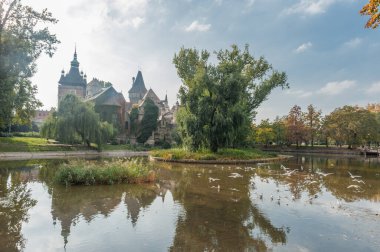Budapeşte, Macaristan 'da, Heroes Square Palace' da uçan martılarla dolu bir kale..