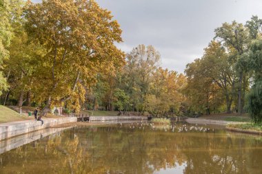 BUDAPEST, HUNGARY - 26 Ekim 2015: Heroes Square Parl ile göl ve sonbahar ağaçları. Arka planda yerel halk ve martı