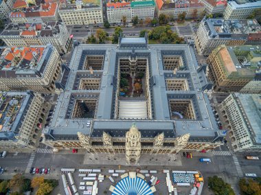 Heykeli olan Rathaus Roof. Viyana, Avusturya. Viyana Şehir Arkaplanda.