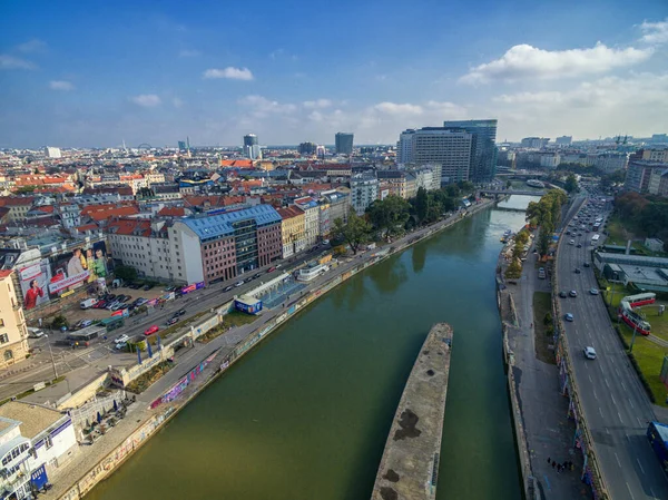 stock image Danube River in Vienna, Austria. Ferry, Cityscape in Background.