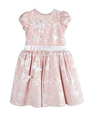 Zarif, parlak, parlak, yaz elbisesi. Beyaz arka planda izole edilmiş. Önde kelebekler.