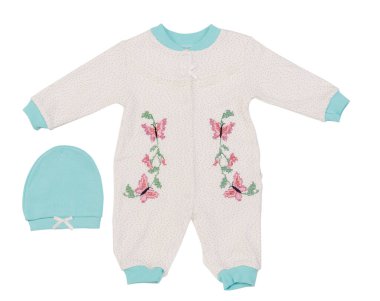 Yeni doğan çocuk bedeni yaz kazağı ve şapkası. Beyaz arkaplanda izole.