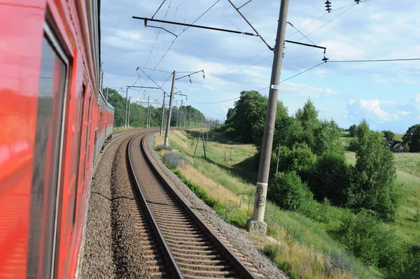 Litwa Sieć Kolejowa Tor Jadę Szybkim Pociągiem Patrząc Wstecz — Zdjęcie stockowe