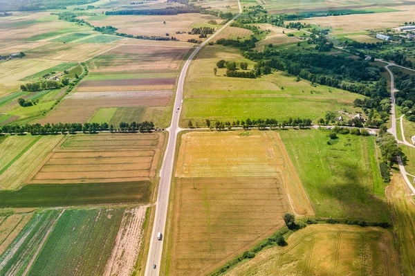 Orman ve yol manzarası. Litvanya doğası. Kuş Görünümü.