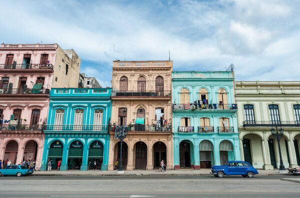 HAVANA, CUBA - OCTOBER 22, 2017: Havana Cityscape with Old Vehicles, Architecture.