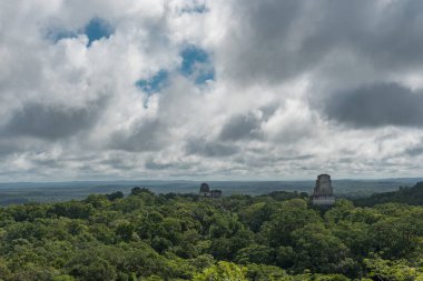 Piramit ve Tikal Park 'taki tapınak. Guatemala 'da Maya tapınakları ve seremoni kalıntıları olan gezici bir nesne. Tikal, Kuzey Guatemala 'daki yağmur ormanlarında bulunan antik bir Maya Kalesidir..