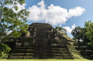 Piramit ve Tikal Park 'taki tapınak. Guatemala 'da Maya tapınakları ve seremoni kalıntıları olan gezici bir nesne. Tikal, Kuzey Guatemala 'daki yağmur ormanlarında bulunan antik bir Maya Kalesidir..