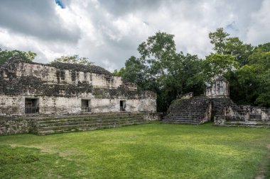 Piramit ve Tikal Park 'taki tapınak. Guatemala 'da Maya tapınakları ve seremoni kalıntıları olan gezici bir nesne. Tikal, Kuzey Guatemala 'daki yağmur ormanlarında bulunan antik bir Maya Kalesidir..